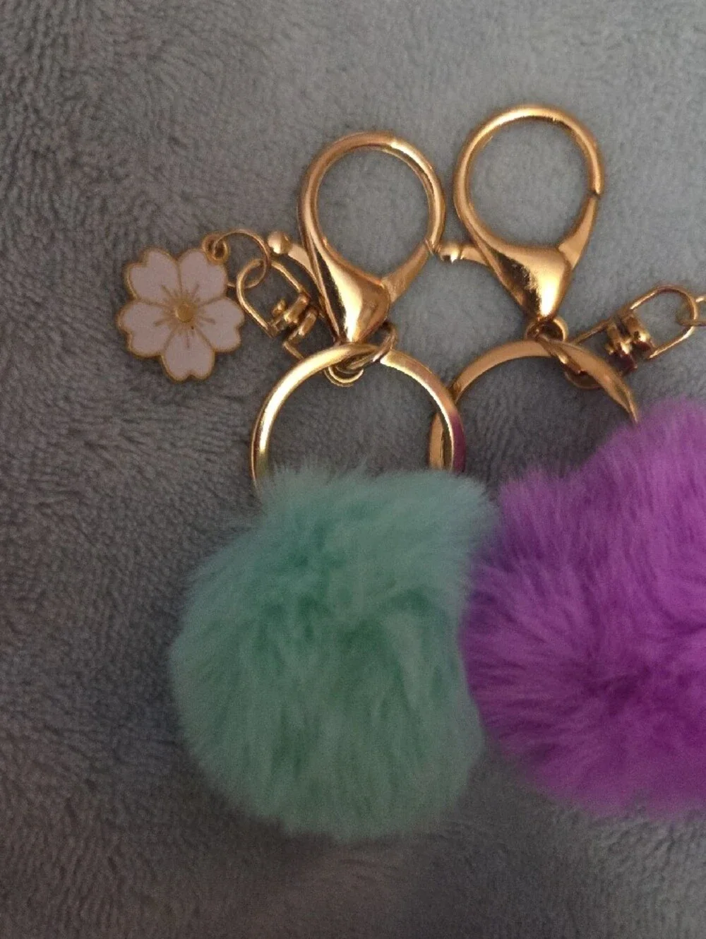 Gold Hardware Pom Pom Keychain Set with Mint and Purple Fur NWOT